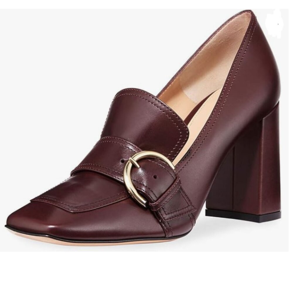 YDN Dark Red Chunky High Heel Square Toe Loafer Buckle Slip On Office Pump
